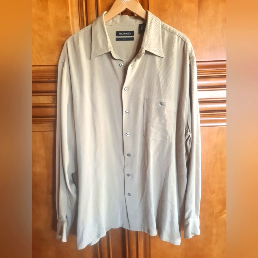 Murano Silk Tan Beige L/S Button Front Pocket Shirt EUC XL